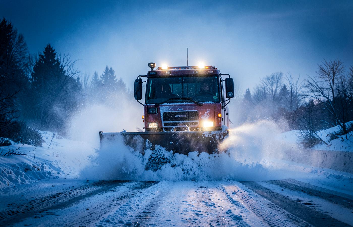 Plow truck salting a Long Island road during a snowstorm